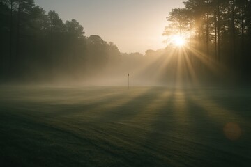 Sunrise Over Misty Golf Course with Trees in Background