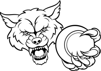 A wolf angry animal sports mascot holding a tennis ball