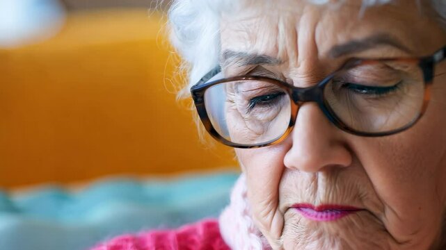 A senior woman sits comfortably at home, reading a book with glasses. Her thoughtful expression reflects a moment of engagement and serenity in leisure.
