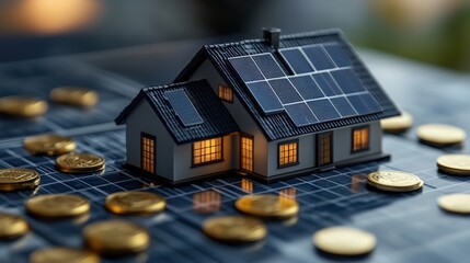 Miniature house with solar panels illuminated at night, surrounded by coins on a blueprint