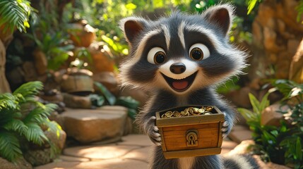 Fototapeta premium Cute cartoon raccoon holding a treasure chest full of gold coins in a lush garden.