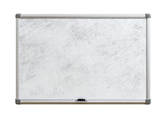 Used and scratched empty whiteboard with a metal frame, isolated on transparent background. School, Office, Education.