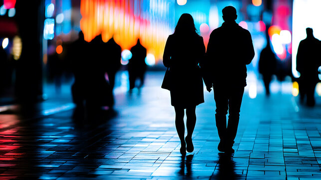 Night Stroll: Silhouetted couple walking hand-in-hand through a vibrant, city nightscape. The bokeh of city lights creates a romantic and mysterious ambiance. - Powered by Adobe