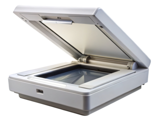 Closeup of a white flatbed scanner with lid open against black background