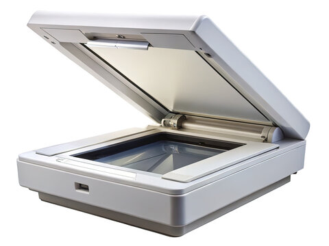 Closeup of a white flatbed scanner with lid open against black background