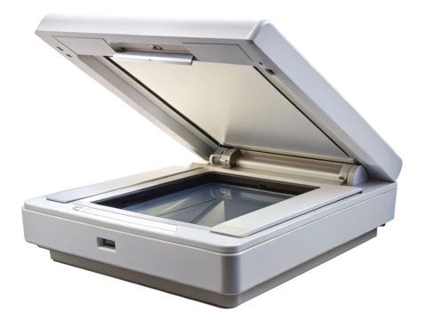 Closeup of a white flatbed scanner with lid open against black background
