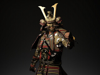 Traditional Japanese Samurai Warrior in Armor, 3D illustration