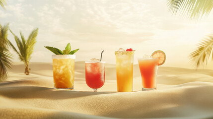 Obraz premium of vibrant non-alcoholic cocktails beautifully arranged on tropical beach.