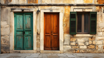 Venetian Facade: The doors and windows of a classic Venetian building, each in a different shade, creating a sense of timeless elegance against a weathered stone facade.  