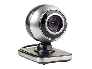 Modern silver and black webcam with a sphere design on black background