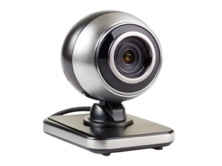 Modern silver and black webcam with a sphere design on black background