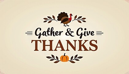 Thanksgiving gather give thanks graphic design stylized turkey autumnal leaves warm colors rustic elegant style holiday message