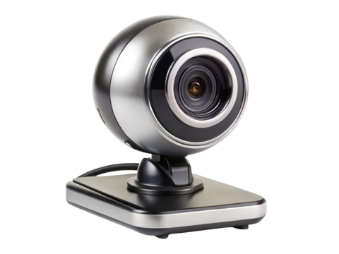 Modern silver and black webcam with a sphere design on black background