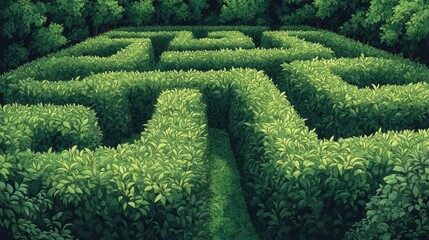 Lush green hedge maze in a tranquil garden.