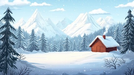 Fototapeta premium Snowy winter landscape with a cozy cabin nestled in the mountains.