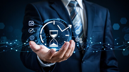 A professional business concept image featuring a hand in a dark navy suit holding a glowing blue holographic interface displaying a clock and hourglass icon.