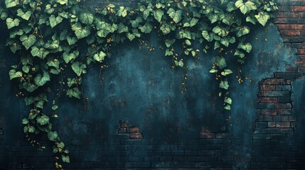 Lush green ivy cascading over a weathered, dark blue brick wall, leaving space for text or design.