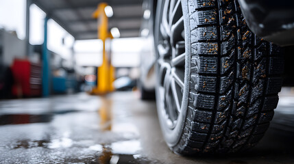Vehicle maintenance car tire inspection garage workshop close-up view