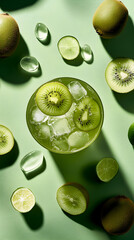 Vibrant kiwi drink with ice top-down food photography on bright background