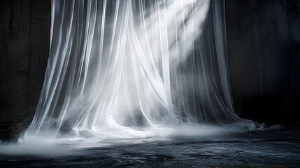 Dramatic light and sheer fabric create unique perspectives in dark spaces