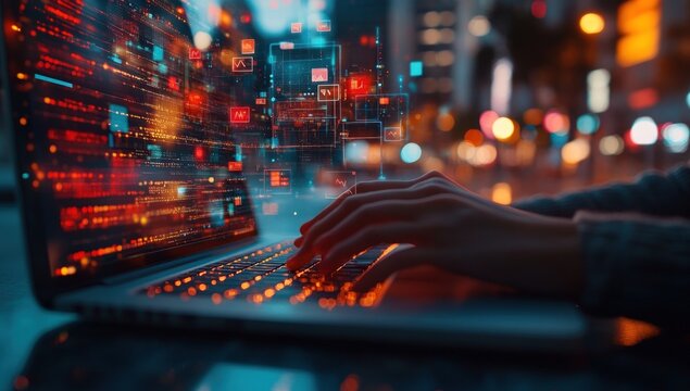 Coding on a laptop at night, digital data overlay
