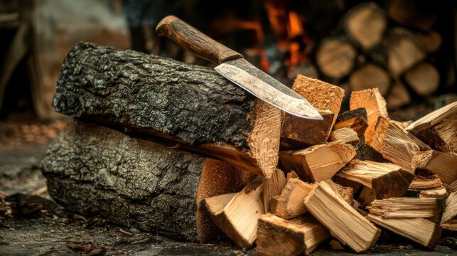 Chopping firewood with a knife and logs in preparation for a cozy evening by the fire