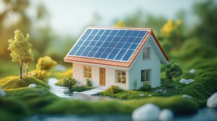 Eco-friendly home with solar panels on roof situated in a serene environment surrounded by greenery and a water body