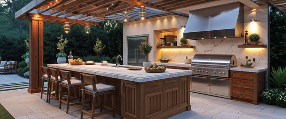 Luxurious outdoor kitchen with a wooden pergola and stainless steel appliances