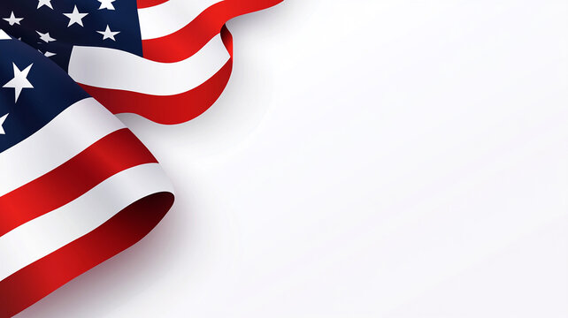 Waving American flag corner on a clean white background with copy space.