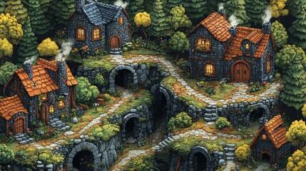 Obraz premium Charming stone village nestled in a lush forest, winding paths, arched tunnels, autumn foliage.