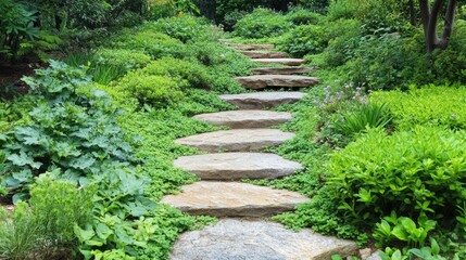 Fototapeta premium Serene Stone Steps Winding Through Lush Greenery