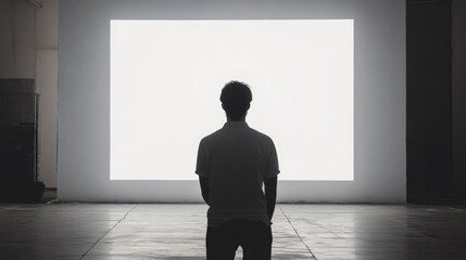 Individual stands in solitude before a bright, isolated white canvas in a minimalist indoor space showcasing creative potential