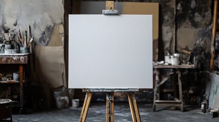 Easel with blank canvas standing alone in a studio filled with art supplies and tools for creativity and expression