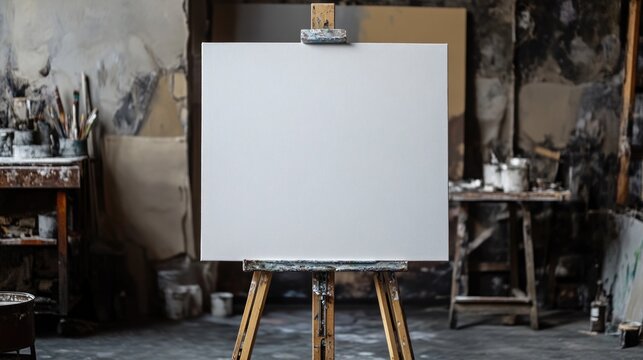 Easel with blank canvas standing alone in a studio filled with art supplies and tools for creativity and expression