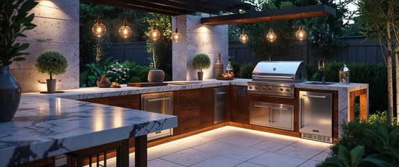 Luxurious outdoor kitchen with grill and modern design illuminated by warm ambient lighting