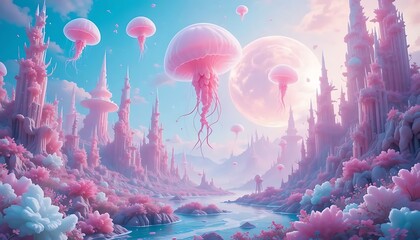 Fantastic pink jellyfish float above an alien landscape filled with pastel castles and water ways