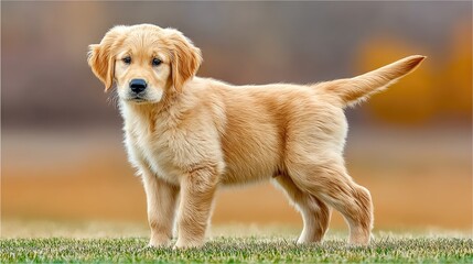 Golden retriever puppy standing on green grass against a soft white background displaying a curious expression and fluffy coat