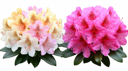 Two rhododendron flower heads displaying vibrant colors on transparent background