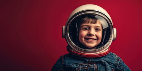a little girl wearing a helmet on her head smiling against a red background 