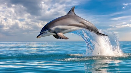 Dolphin leaps gracefully out of clear blue water against a serene sky
