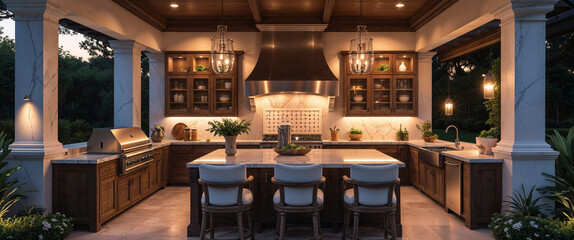 Luxurious outdoor kitchen with island and grill underneath wooden ceiling and lanterns