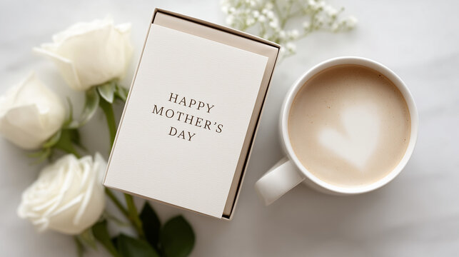 3w Elegant flat lay of Mother&rsquo;s Day gift box, greeting card, and blooming roses
