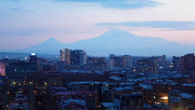 Beautiful sunset panorama view of Yerevan, Armenia from the Cascade Complex 