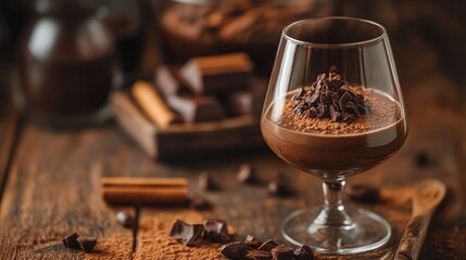 Delicious chocolate dessert served in a glass on a wooden table with chocolate pieces and cinnamon sticks in the background