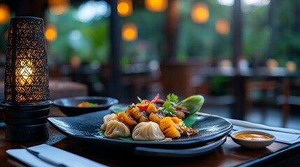 Elegantly Plated Asian Cuisine with Soft Lighting for a Dinner Ambience