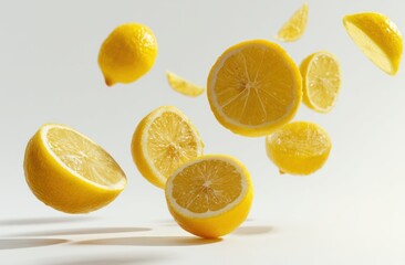 Fototapeta premium Lemons Falling in Slow Motion, Citrus Fruit in Mid-Air, Vibrant Yellow Slices, Juicy Refreshing Food Photography