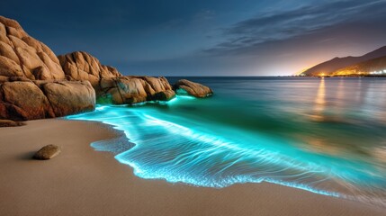 Bright blue bioluminescence lights up the shoreline at night on a secluded beach
