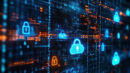 The image depicts a cloud computing environment with icons representing secure cloud architecture and data integrity checks, emphasizing the importance of cloud security and compliance.