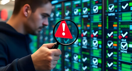 Man inspecting digital screen with magnifying glass icon