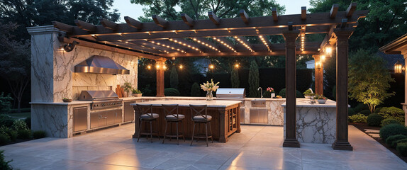 Luxurious outdoor kitchen with modern appliances and pergola structure at dusk